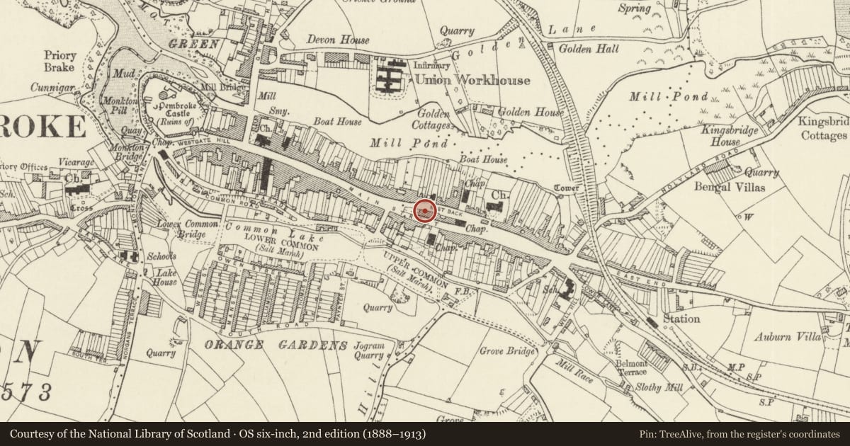 Ordnance Survey six-inch map, 2nd edition (1888–1913) covering the location of Melbourne House, Pembroke, Pembrokeshire, with a pin at the register's coordinates