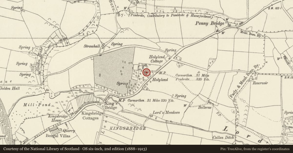 Ordnance Survey six-inch map, 2nd edition (1888–1913) covering the location of Holyland, Pembroke, Pembrokeshire, with a pin at the register's coordinates