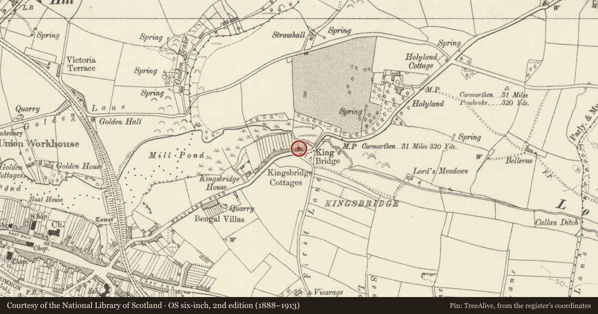 Ordnance Survey six-inch map, 2nd edition (1888–1913) covering the location of No. 2 Kingsbridge Cottages, Pembroke, Pembrokeshire, with a pin at the register's coordinates