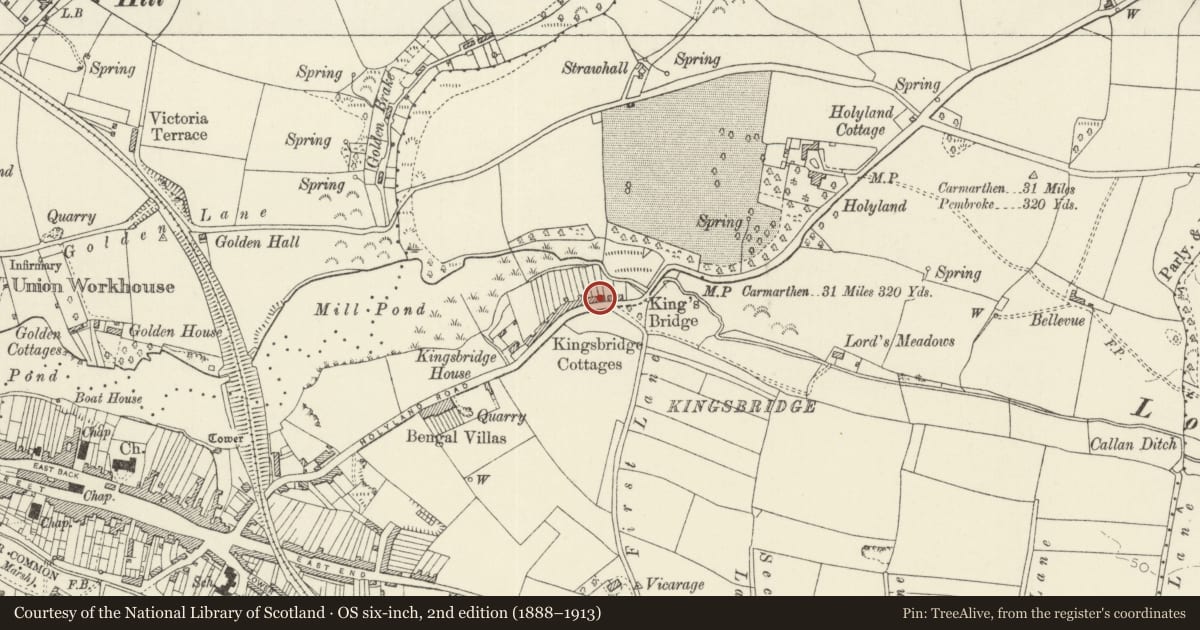 Ordnance Survey six-inch map, 2nd edition (1888–1913) covering the location of No. 4 Kingsbridge Cottages, Pembroke, Pembrokeshire, with a pin at the register's coordinates