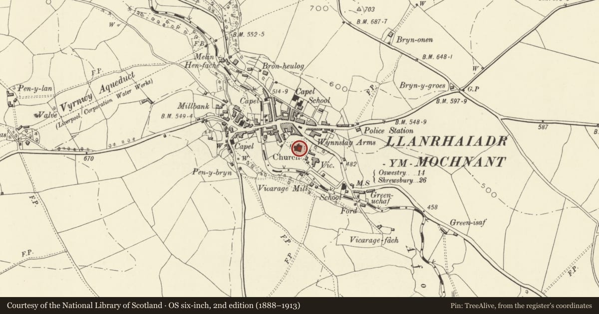 Ordnance Survey six-inch map, 2nd edition (1888–1913) covering the location of Church of St Dogfan, Llanrhaeadr-ym-Mochnant, Powys, with a pin at the register's coordinates