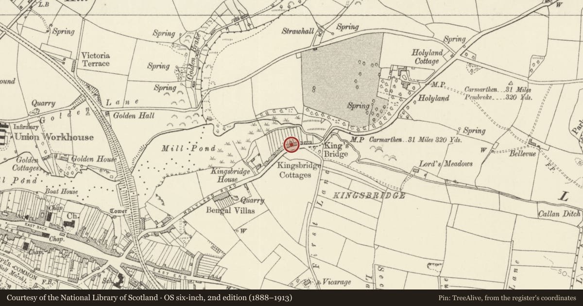 Ordnance Survey six-inch map, 2nd edition (1888–1913) covering the location of No. 7 Kingsbridge Cottages, Pembroke, Pembrokeshire, with a pin at the register's coordinates