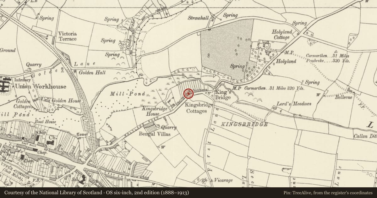 Ordnance Survey six-inch map, 2nd edition (1888–1913) covering the location of No. 10 Kingsbridge Cottages, Pembroke, Pembrokeshire, with a pin at the register's coordinates