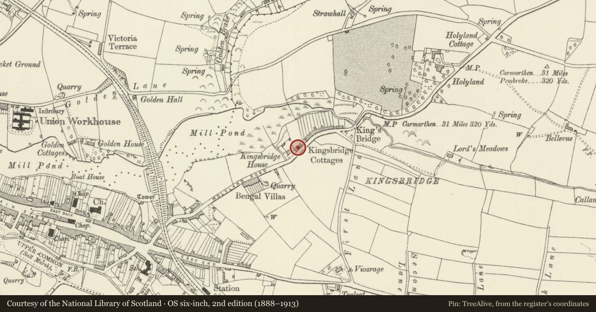 Ordnance Survey six-inch map, 2nd edition (1888–1913) covering the location of No. 17 Kingsbridge Cottages, Pembroke, Pembrokeshire, with a pin at the register's coordinates