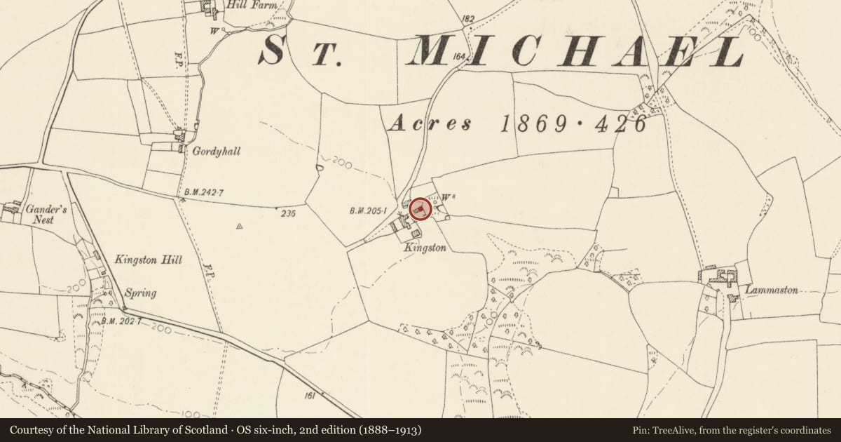 Ordnance Survey six-inch map, 2nd edition (1888–1913) covering the location of Outbuilding range at Kingston Farm to SE of old farmhouse, Pembroke, Pembrokeshire, with a pin at the register's coordinates
