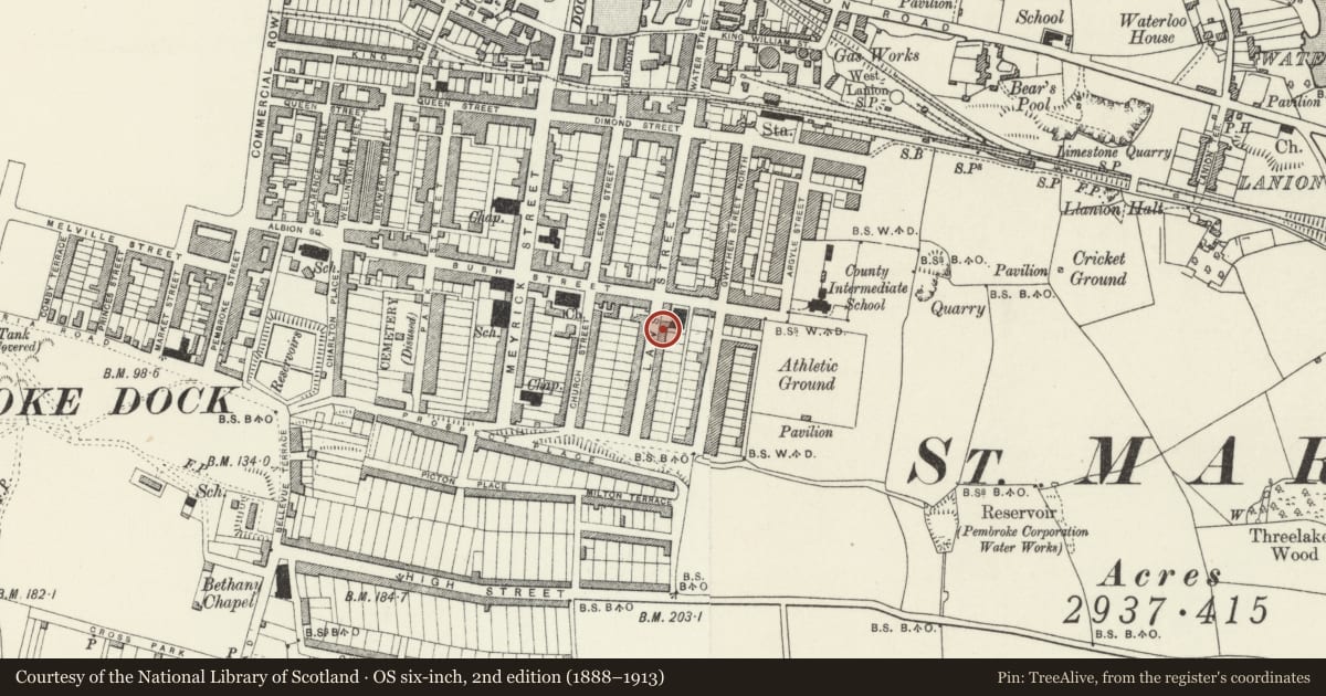 Ordnance Survey six-inch map, 2nd edition (1888–1913) covering the location of 65 Laws Street, Pembroke Dock, Pembrokeshire, with a pin at the register's coordinates