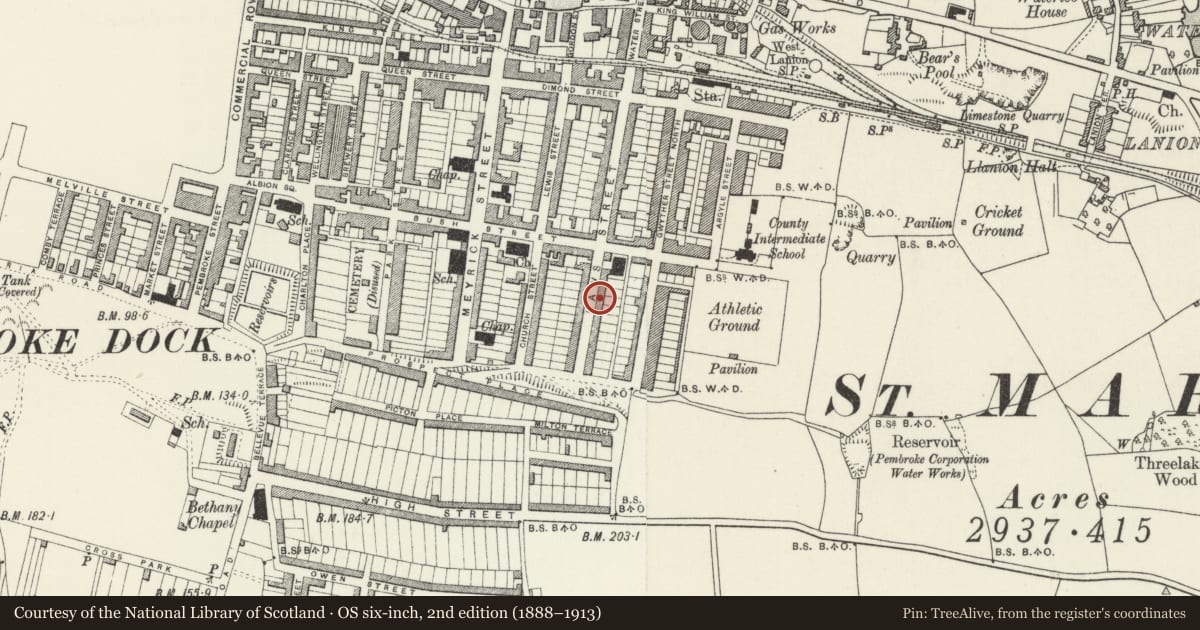 Ordnance Survey six-inch map, 2nd edition (1888–1913) covering the location of 75 Laws Street, Pembroke Dock, Pembrokeshire, with a pin at the register's coordinates