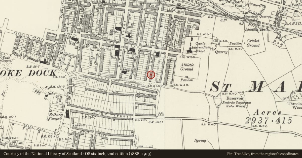 Ordnance Survey six-inch map, 2nd edition (1888–1913) covering the location of 97 Laws Street, Pembroke Dock, Pembrokeshire, with a pin at the register's coordinates