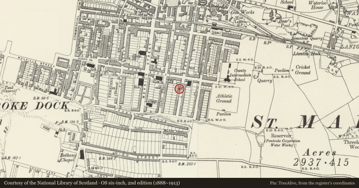 Ordnance Survey six-inch map, 2nd edition (1888–1913) covering the location of 62 Laws Street, Pembroke Dock, Pembrokeshire, with a pin at the register's coordinates
