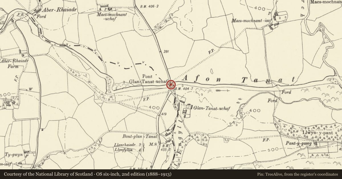 Ordnance Survey six-inch map, 2nd edition (1888–1913) covering the location of Pont Glantanat Uchaf (Partly in Llanrhaeadr-ym-Mochnant (S) Community), Powys, with a pin at the register's coordinates