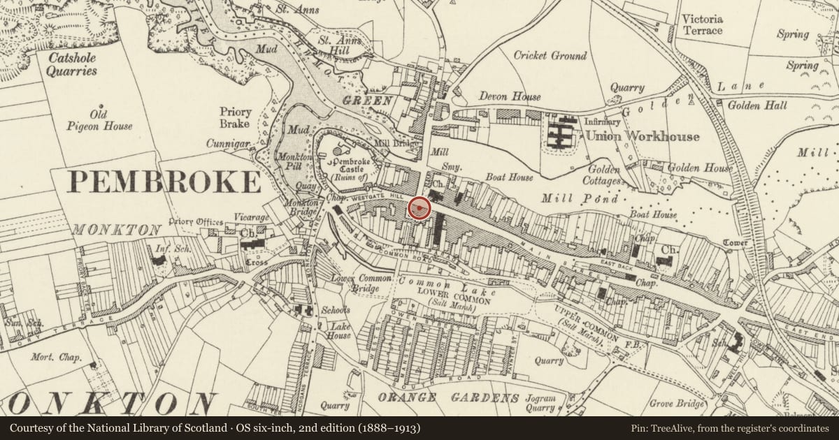 Ordnance Survey six-inch map, 2nd edition (1888–1913) covering the location of The Lion Hotel, Pembroke, Pembrokeshire, with a pin at the register's coordinates