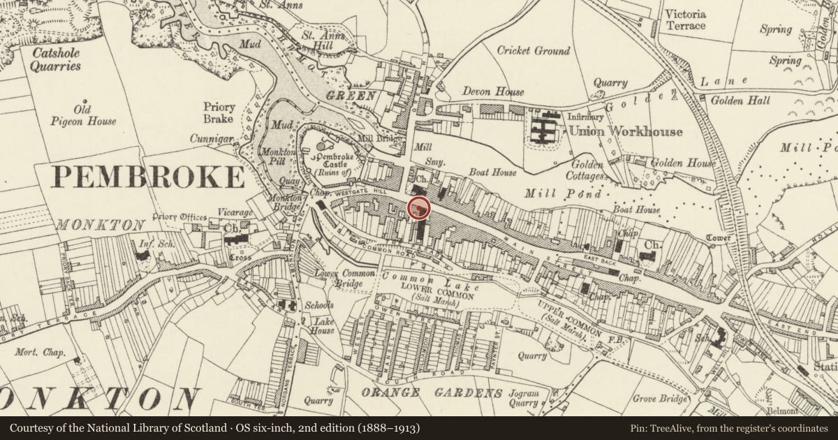 Ordnance Survey six-inch map, 2nd edition (1888–1913) covering the location of The Old King's Arms, Pembroke, Pembrokeshire, with a pin at the register's coordinates