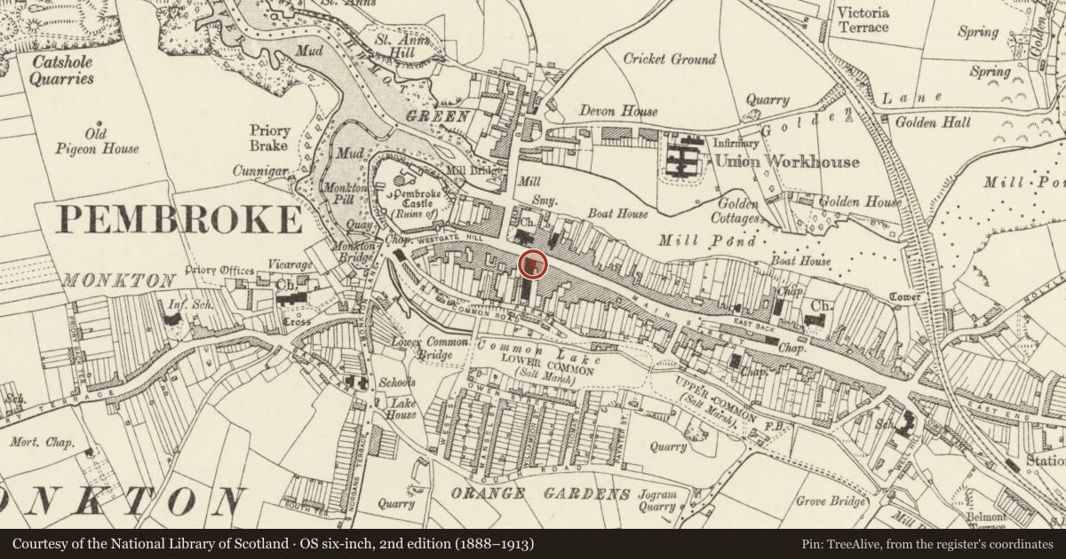 Ordnance Survey six-inch map, 2nd edition (1888–1913) covering the location of The Town Hall, Pembroke, Pembrokeshire, with a pin at the register's coordinates