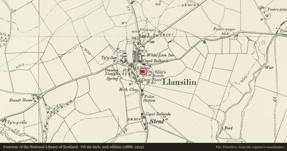 Ordnance Survey six-inch map, 2nd edition (1888–1913) covering the location of Church of St Silin, Llansilin, Powys, with a pin at the register's coordinates