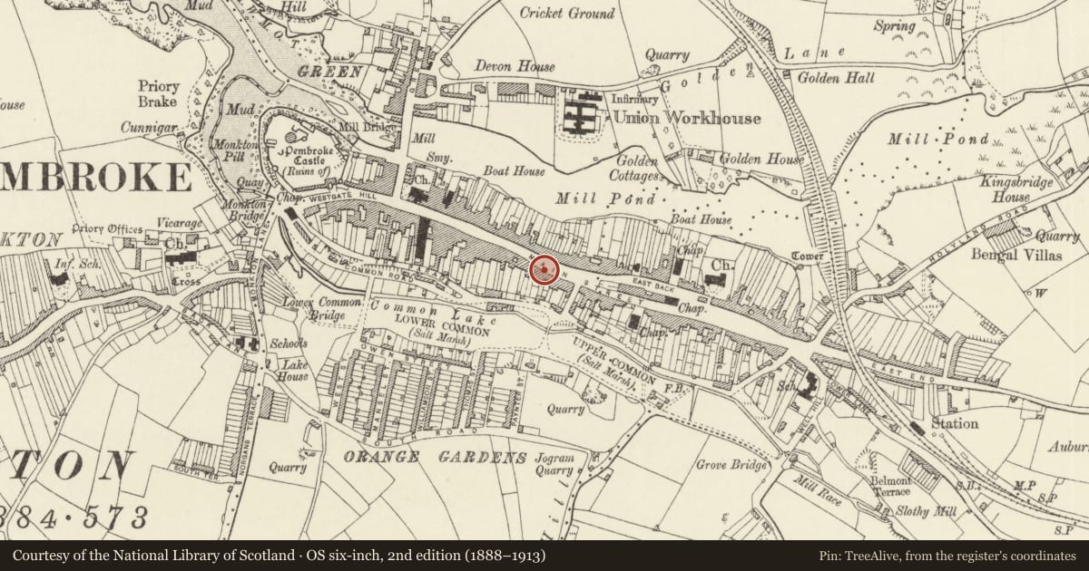 Ordnance Survey six-inch map, 2nd edition (1888–1913) covering the location of Picton House, Pembroke, Pembrokeshire, with a pin at the register's coordinates