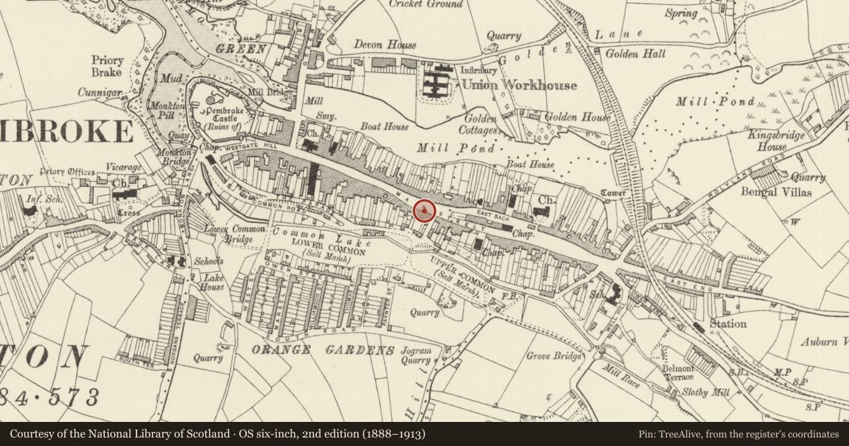 Ordnance Survey six-inch map, 2nd edition (1888–1913) covering the location of York Tavern, Pembroke, Pembrokeshire, with a pin at the register's coordinates