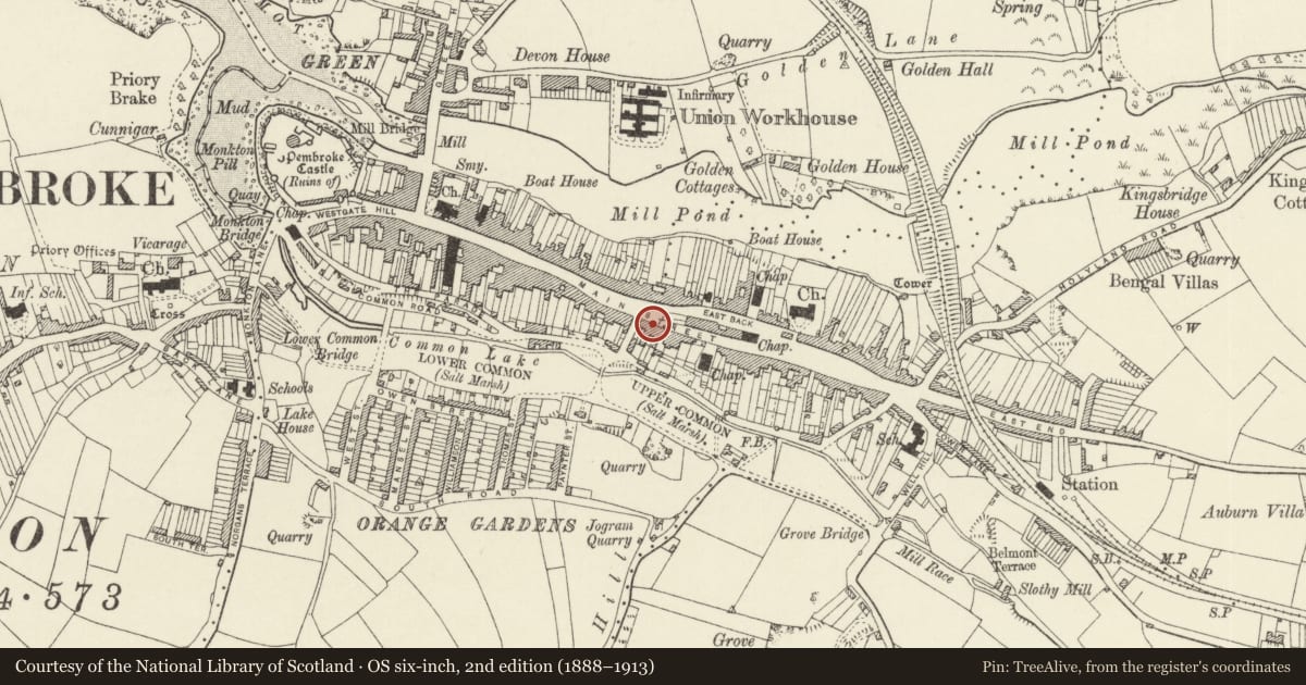 Ordnance Survey six-inch map, 2nd edition (1888–1913) covering the location of Pembroke Market Emporium (Former National School), Pembrokeshire, with a pin at the register's coordinates