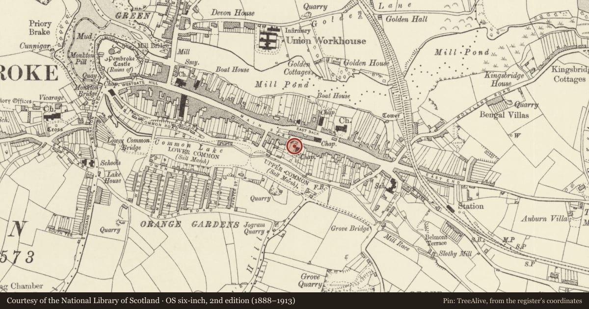 Ordnance Survey six-inch map, 2nd edition (1888–1913) covering the location of Outbuilding adjoining SE end of No. 91 Main Street, Pembroke, Pembrokeshire, with a pin at the register's coordinates