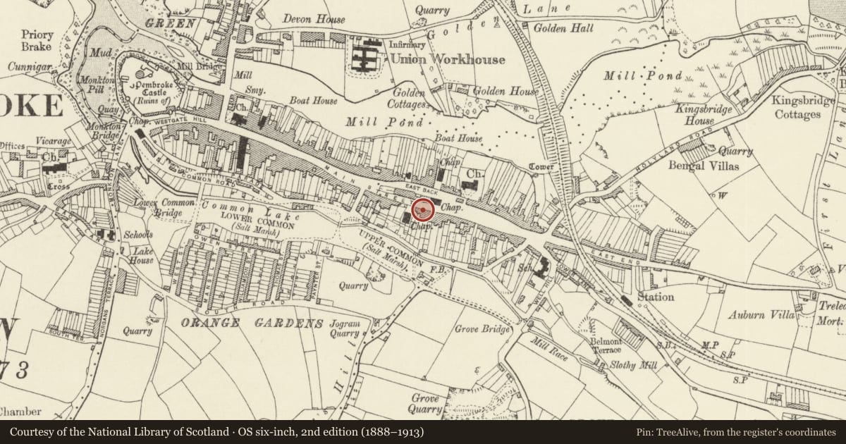Ordnance Survey six-inch map, 2nd edition (1888–1913) covering the location of Swiss Cottage, Pembroke, Pembrokeshire, with a pin at the register's coordinates