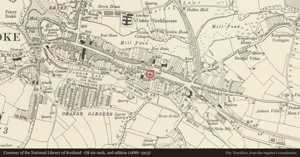 Ordnance Survey six-inch map, 2nd edition (1888–1913) covering the location of Wiln House, Pembroke, Pembrokeshire, with a pin at the register's coordinates