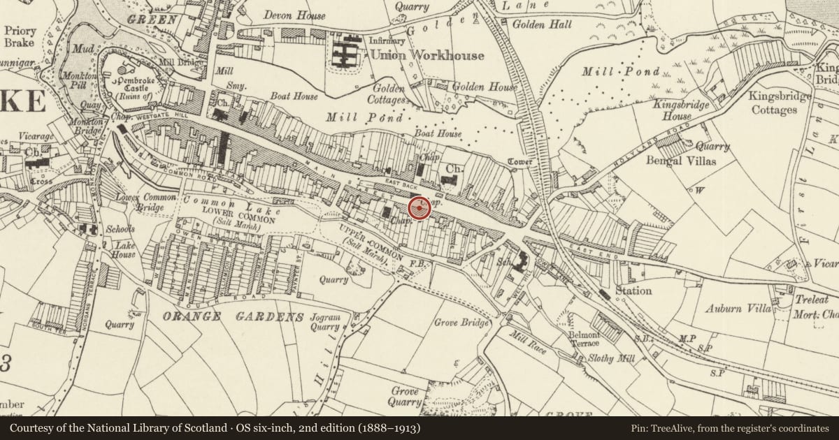 Ordnance Survey six-inch map, 2nd edition (1888–1913) covering the location of St Oswalds, Pembroke, Pembrokeshire, with a pin at the register's coordinates