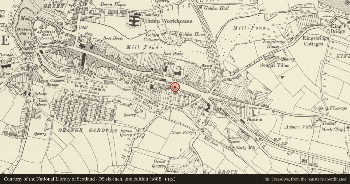 Ordnance Survey six-inch map, 2nd edition (1888–1913) covering the location of Penfro, Pembroke, Pembrokeshire, with a pin at the register's coordinates
