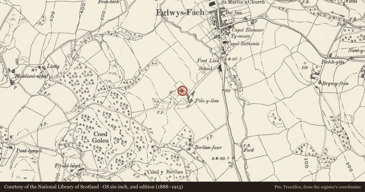 Ordnance Survey six-inch map, 2nd edition (1888–1913) covering the location of Plas-yn-Llan (also known as Plas and Plas Llan), Eglwysbach, Conwy, with a pin at the register's coordinates