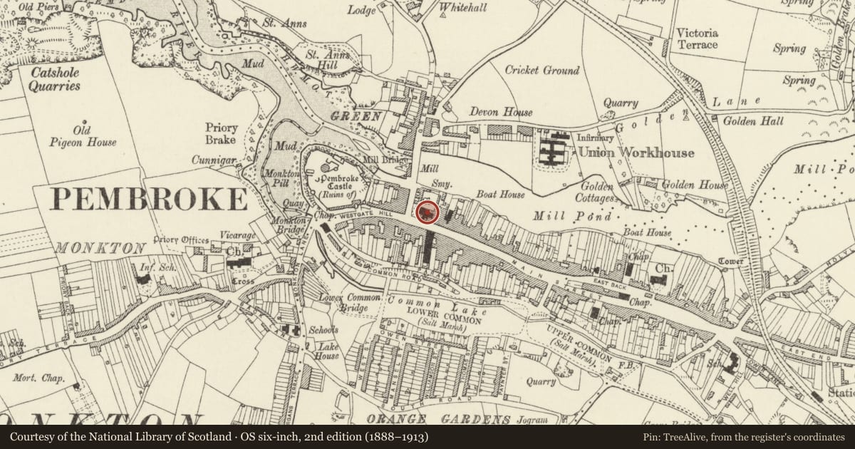 Ordnance Survey six-inch map, 2nd edition (1888–1913) covering the location of Parish Church of Saint Mary, Pembroke, Pembrokeshire, with a pin at the register's coordinates