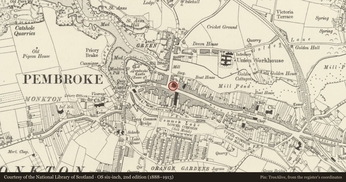 Ordnance Survey six-inch map, 2nd edition (1888–1913) covering the location of Brick House, Pembroke, Pembrokeshire, with a pin at the register's coordinates