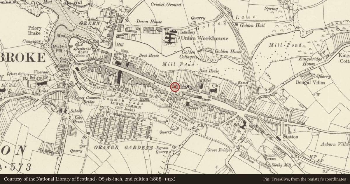 Ordnance Survey six-inch map, 2nd edition (1888–1913) covering the location of Tenby House including forecourt and C19 walls and railings, Pembroke, Pembrokeshire, with a pin at the register's coordinates