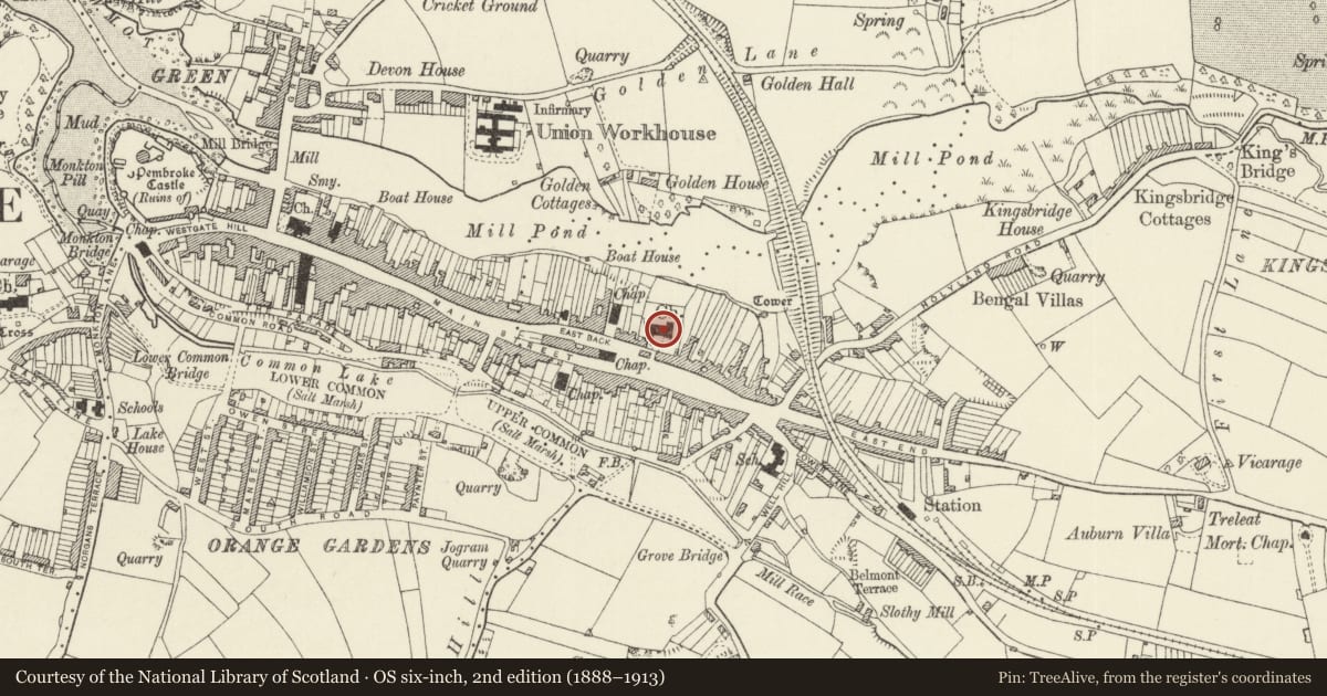 Ordnance Survey six-inch map, 2nd edition (1888–1913) covering the location of Church of Saint Michael, Pembroke, Pembrokeshire, with a pin at the register's coordinates