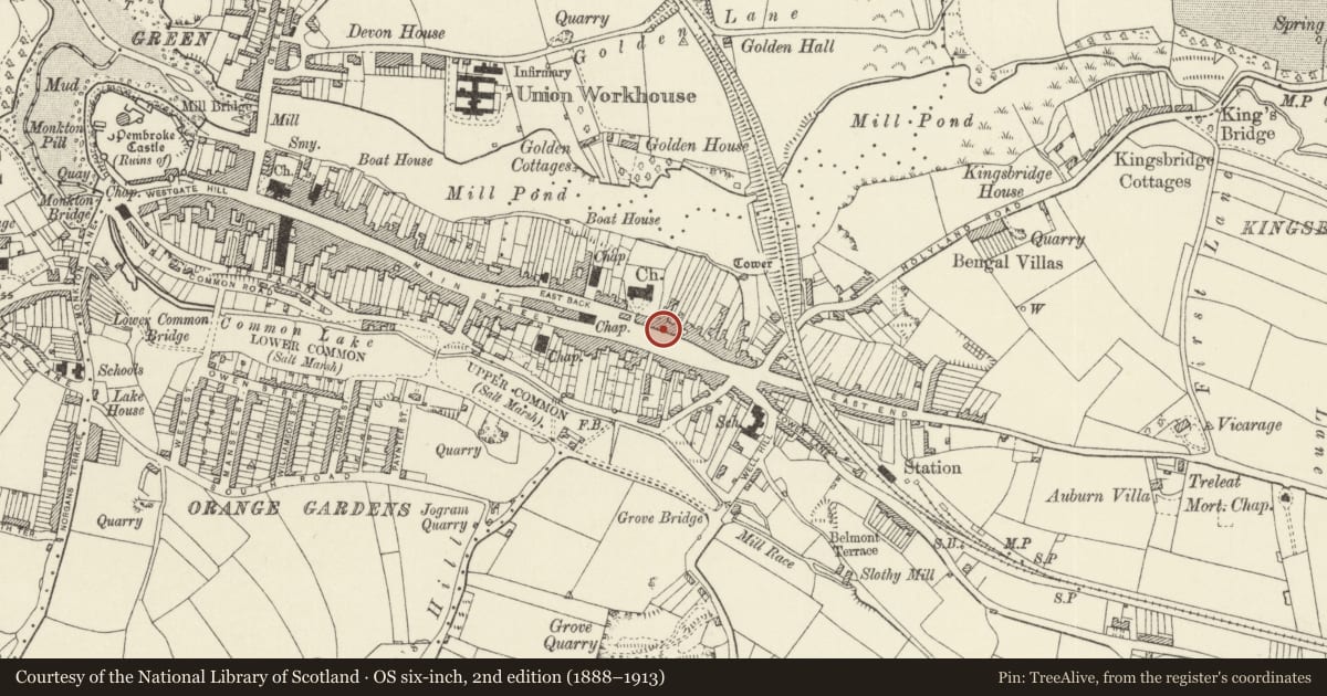 Ordnance Survey six-inch map, 2nd edition (1888–1913) covering the location of Camrose House and forecourt railings, Pembroke, Pembrokeshire, with a pin at the register's coordinates