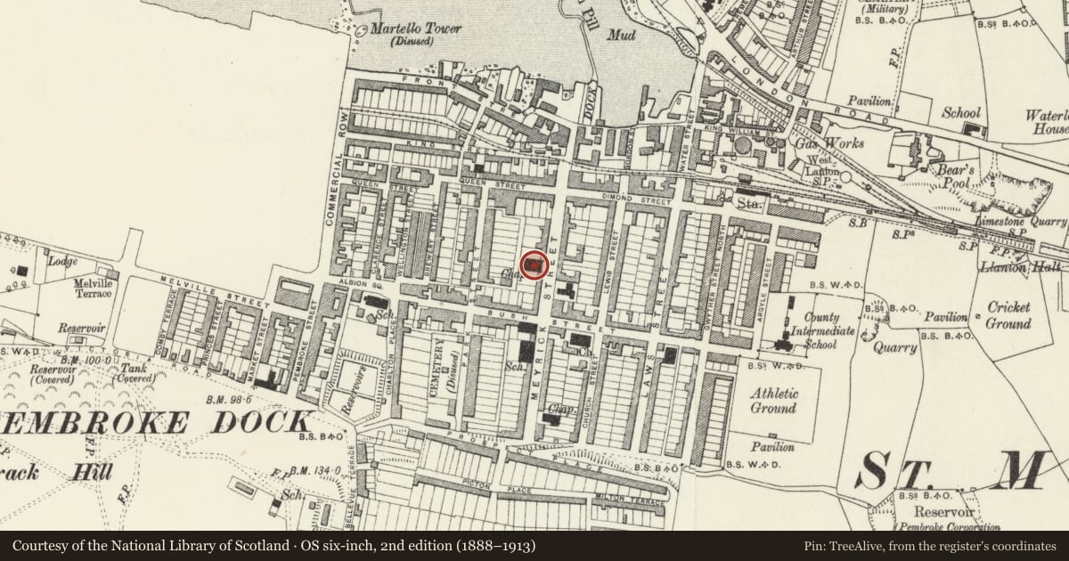 Ordnance Survey six-inch map, 2nd edition (1888–1913) covering the location of Zion Free Church, Pembroke Dock, Pembrokeshire, with a pin at the register's coordinates