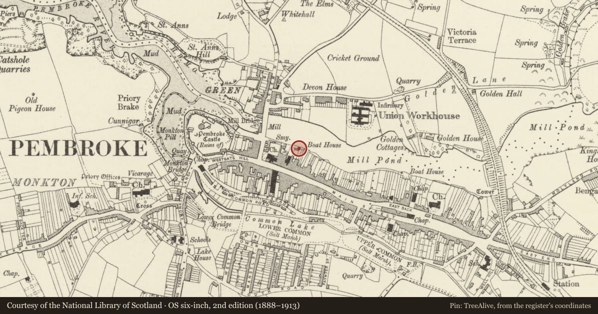 Ordnance Survey six-inch map, 2nd edition (1888–1913) covering the location of Walls from N of churchyard of Church of Saint Mary to Barnard's Tower, Pembroke, Pembrokeshire, with a pin at the register's coordinates