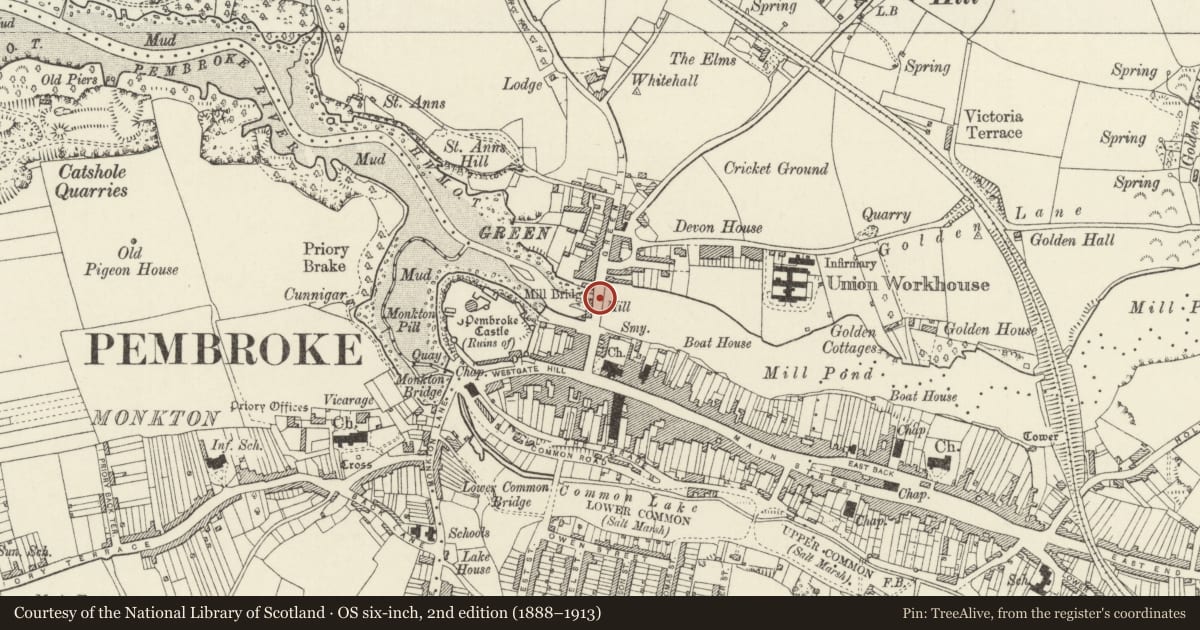 Ordnance Survey six-inch map, 2nd edition (1888–1913) covering the location of The Mill Bridge, Pembroke, Pembrokeshire, with a pin at the register's coordinates