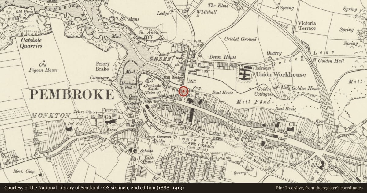 Ordnance Survey six-inch map, 2nd edition (1888–1913) covering the location of The Royal George, Pembroke, Pembrokeshire, with a pin at the register's coordinates