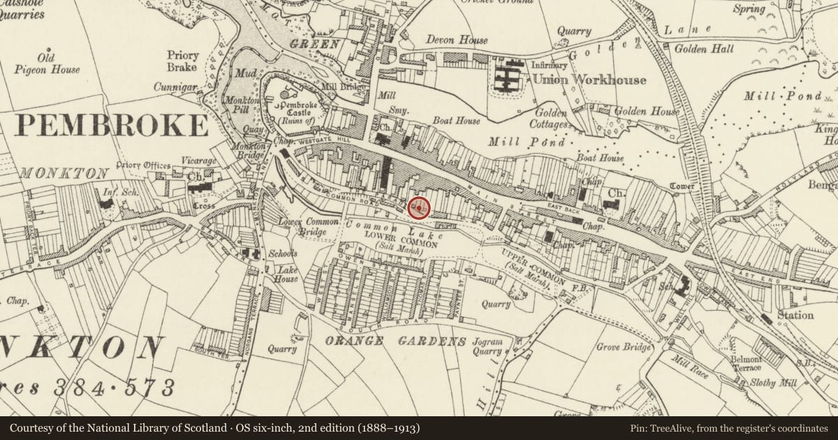 Ordnance Survey six-inch map, 2nd edition (1888–1913) covering the location of Garden walls to rear of car park behind Nos. 27-35 Main Street, Pembroke, Pembrokeshire, with a pin at the register's coordinates