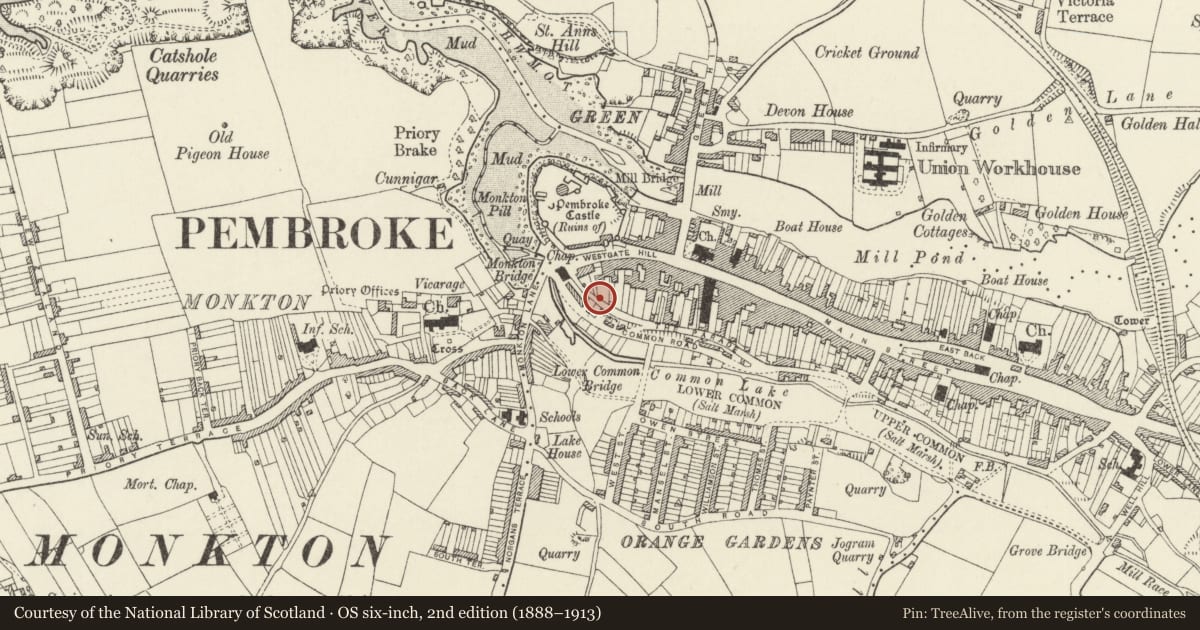 Ordnance Survey six-inch map, 2nd edition (1888–1913) covering the location of Garden walls to rear of Nos 6-11 Westgate Hill, Pembroke, Pembrokeshire, with a pin at the register's coordinates