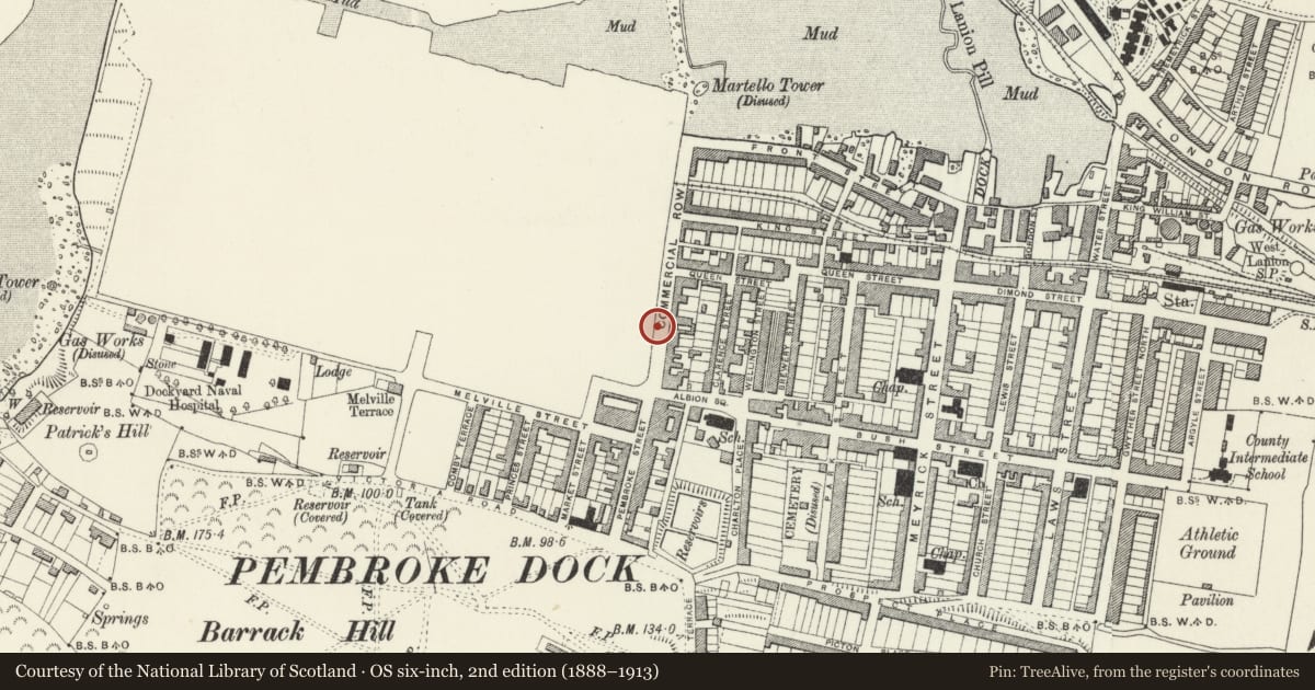Ordnance Survey six-inch map, 2nd edition (1888–1913) covering the location of The Dockyard Walls, Pembroke Dock, Pembrokeshire, with a pin at the register's coordinates