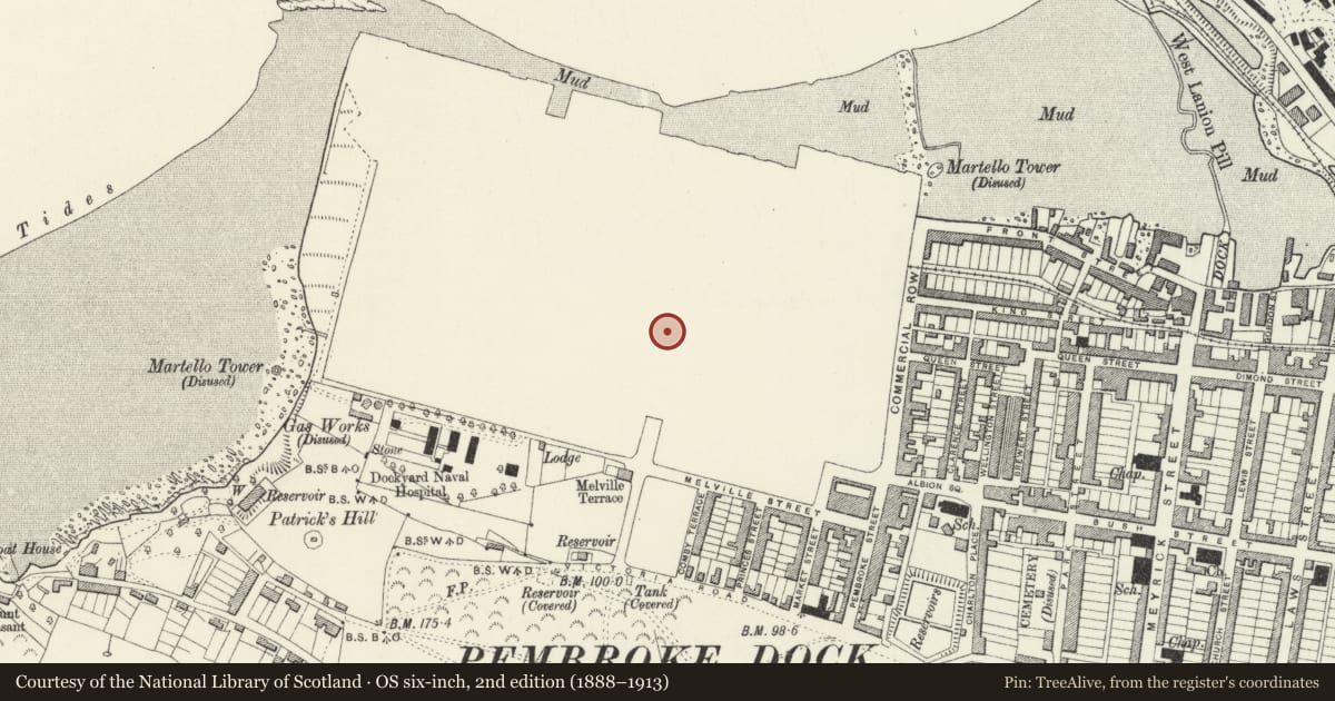 Ordnance Survey six-inch map, 2nd edition (1888–1913) covering the location of Former Guard House, Pembroke Dock, Pembrokeshire, with a pin at the register's coordinates