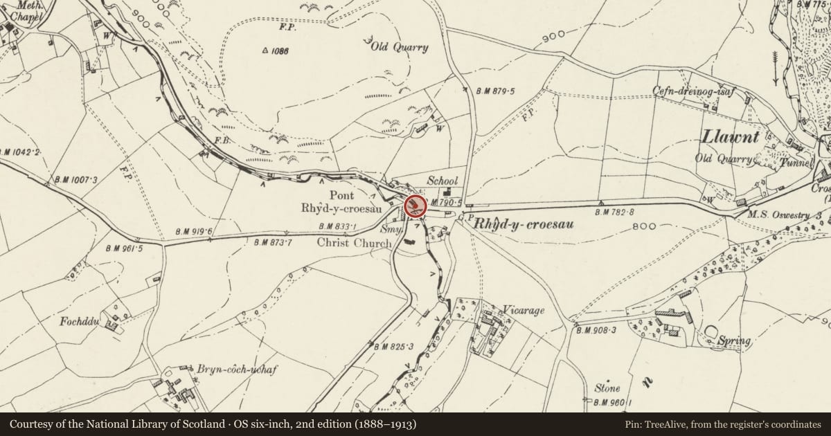 Ordnance Survey six-inch map, 2nd edition (1888–1913) covering the location of Rhydycroesau Bridge, Llansilin, Powys, with a pin at the register's coordinates