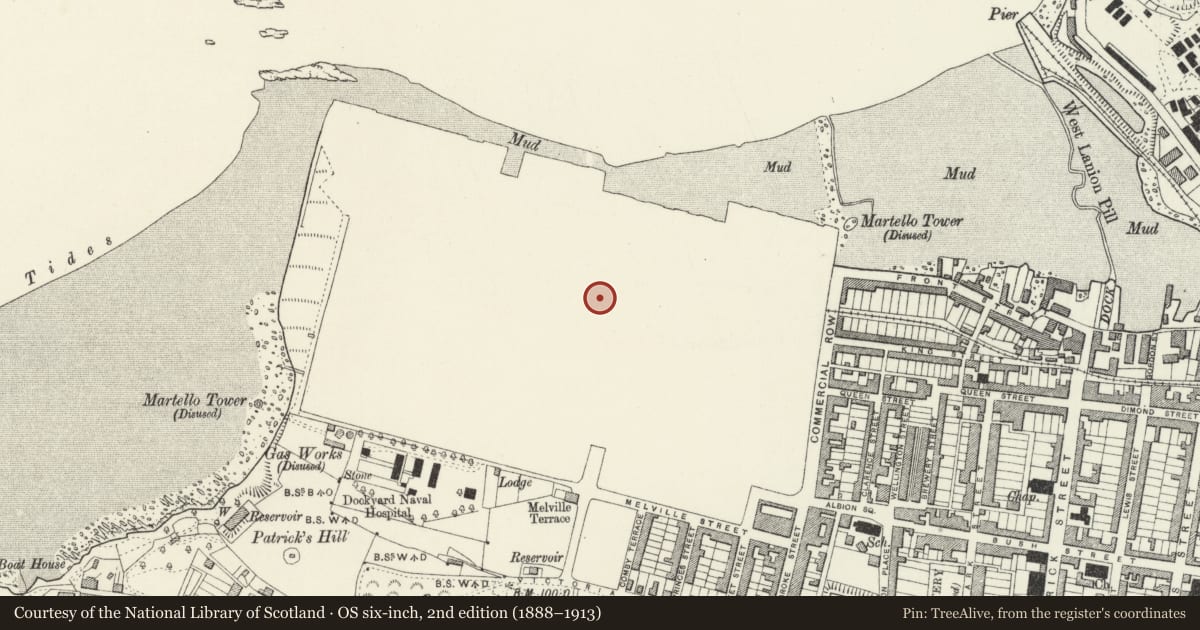 Ordnance Survey six-inch map, 2nd edition (1888–1913) covering the location of The Old Storehouse, Pembroke Dock, Pembrokeshire, with a pin at the register's coordinates