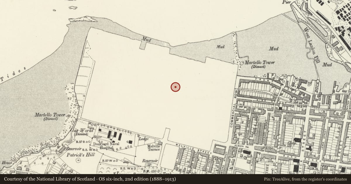 Ordnance Survey six-inch map, 2nd edition (1888–1913) covering the location of Sunderland House, Pembroke Dock, Pembrokeshire, with a pin at the register's coordinates