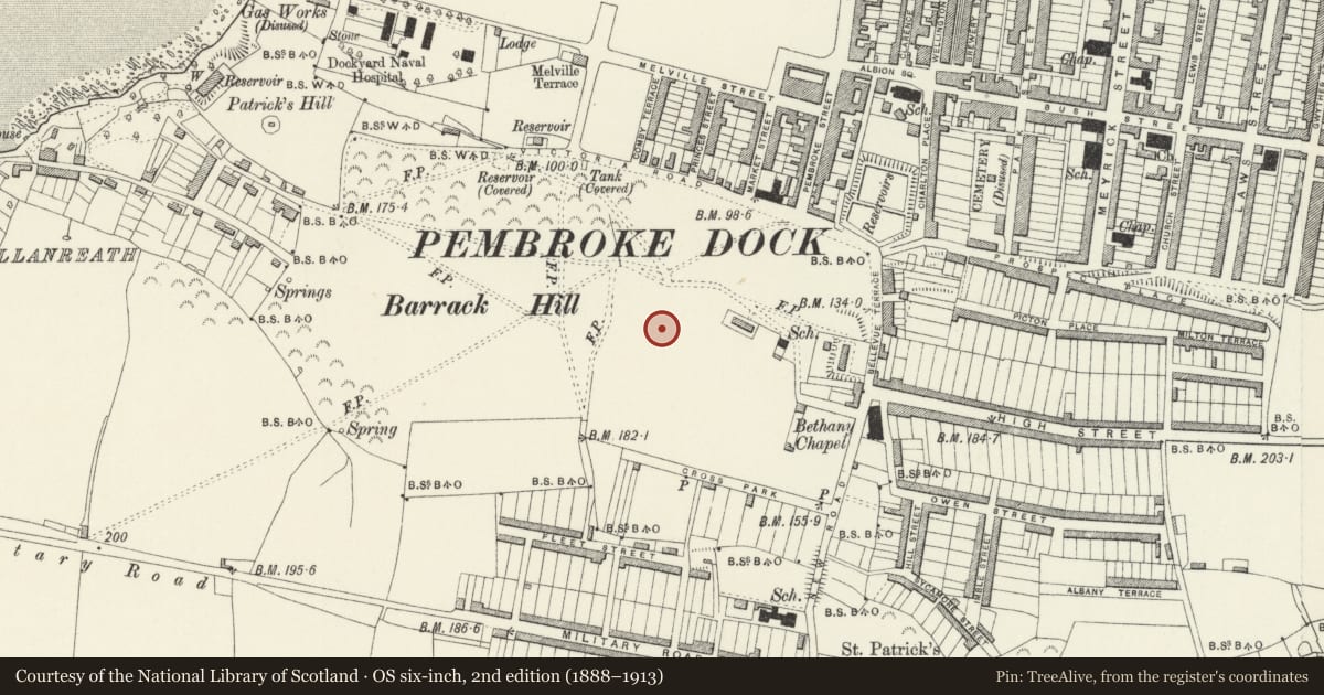 Ordnance Survey six-inch map, 2nd edition (1888–1913) covering the location of The Defensible Barracks, Pembroke Dock, Pembrokeshire, with a pin at the register's coordinates