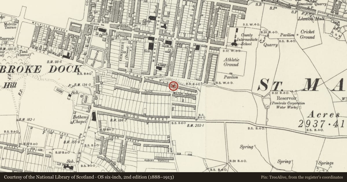 Ordnance Survey six-inch map, 2nd edition (1888–1913) covering the location of 42 Prospect Place, Pembroke Dock, Pembrokeshire, with a pin at the register's coordinates