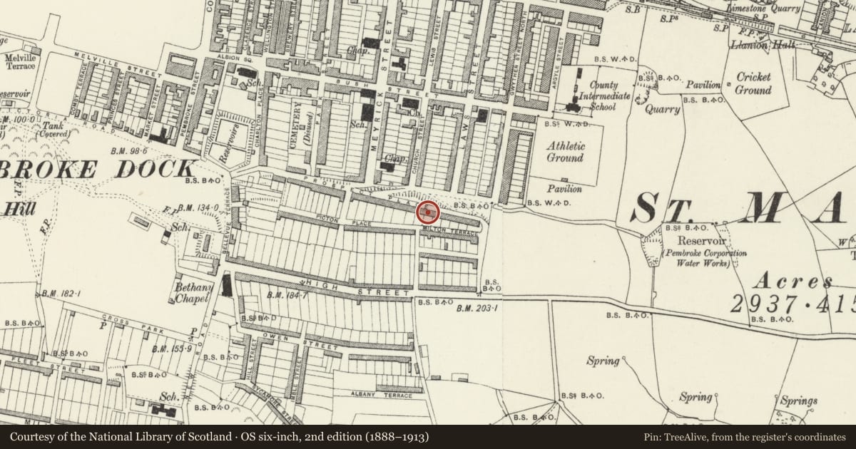 Ordnance Survey six-inch map, 2nd edition (1888–1913) covering the location of 43 Prospect Place, Pembroke Dock, Pembrokeshire, with a pin at the register's coordinates