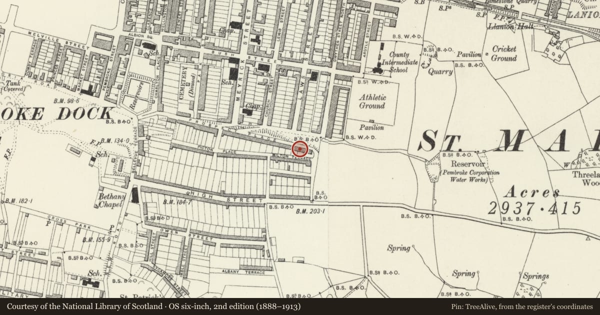 Ordnance Survey six-inch map, 2nd edition (1888–1913) covering the location of 51 Prospect Place, Pembroke Dock, Pembrokeshire, with a pin at the register's coordinates