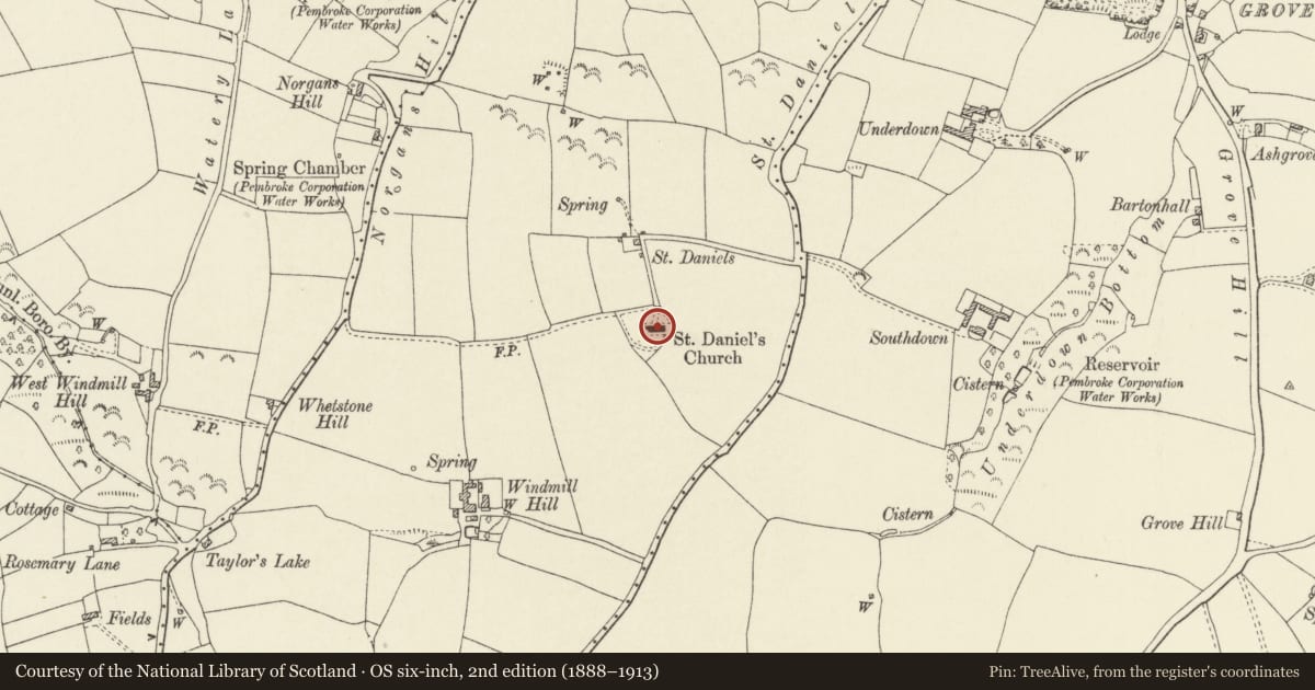Ordnance Survey six-inch map, 2nd edition (1888–1913) covering the location of Church of Saint Daniel, Pembroke, Pembrokeshire, with a pin at the register's coordinates