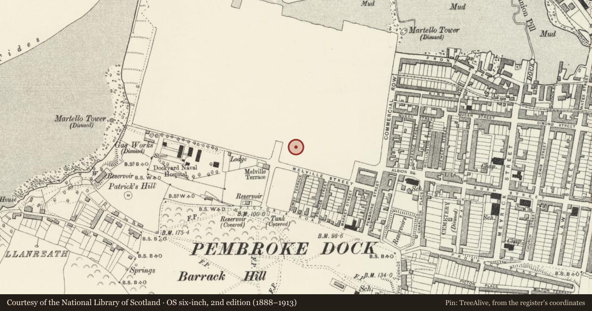 Ordnance Survey six-inch map, 2nd edition (1888–1913) covering the location of 2 The Terrace, Pembroke Dock, Pembrokeshire, with a pin at the register's coordinates