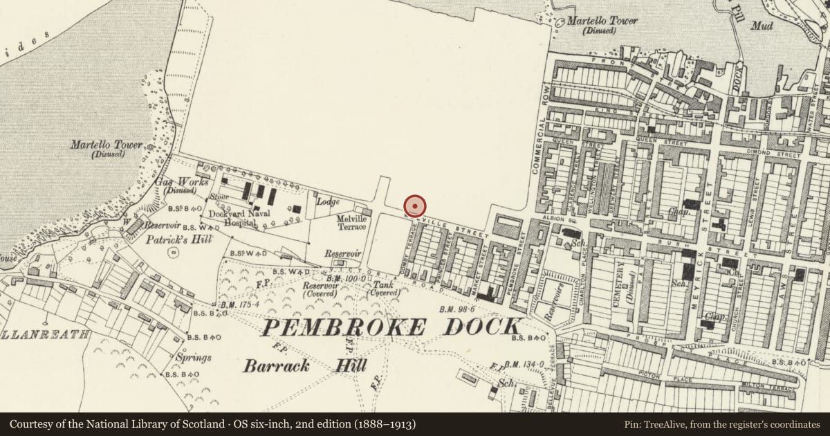 Ordnance Survey six-inch map, 2nd edition (1888–1913) covering the location of Domestic, Pembroke Dock, Pembrokeshire, with a pin at the register's coordinates